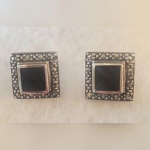 Onyx and Marcasite Sterling Silver Post Earrings